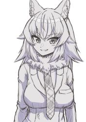 Rule 34 | 1girl, animal ears, breast pocket, breasts, collarbone, fang, grey wolf (kemono friends), greyscale, grin, highres, kemono friends, kimurayou103, large breasts, long hair, looking at viewer, monochrome, necktie, parted lips, pocket, sketch, smile, solo, teeth, upper body, wolf ears, wolf girl
