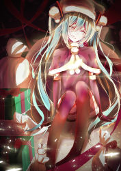 Rule 34 | 1girl, black gloves, black thighhighs, blue hair, box, elbow gloves, closed eyes, gift, gift box, gloves, hair ornament, hatsune miku, highres, long hair, re:rin, sitting, sleeping, solo, thighhighs, twintails, vocaloid