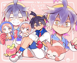 Rule 34 | 1boy, :3, ahoge, animal hands, applin, blue shirt, blue socks, blush, blush stickers, character doll, closed eyes, closed mouth, collared shirt, colored inner hair, creatures (company), cropped torso, crossed bangs, doll, florian (pokemon), furret, game freak, gen 2 pokemon, gen 8 pokemon, gloves, hair between eyes, heart, highres, holding, holding doll, holding poke ball, jacket, juliana (pokemon), kieran (pokemon), long sleeves, looking at viewer, mole, mole on neck, multicolored hair, necktie, nintendo, open mouth, outline, partially fingerless gloves, pink background, poke ball, poke ball (basic), pokemon, pokemon (creature), pokemon sv, red gloves, red necktie, shaded face, shirt, shoes, short hair, shorts, single glove, sitting, socks, strap, tail, white footwear, white jacket, white outline, white shorts, wide-eyed, yataba, yellow eyes