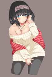 Rule 34 | 1girl, :o, absurdres, black pantyhose, blue eyes, blush, breasts, cleavage, collarbone, dress, furaxu, grey background, hairband, hand in own hair, highres, idolmaster, idolmaster cinderella girls, jewelry, large breasts, looking at viewer, off-shoulder dress, off shoulder, open mouth, pantyhose, pendant, plaid, plaid scarf, ribbed dress, sagisawa fumika, scarf, simple background, solo, white dress, | |