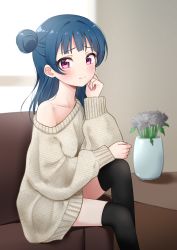 Rule 34 | 1girl, black thighhighs, blue hair, blush, bouquet, clenched hand, clenched hands, collarbone, deadnooodles, flower, frown, grey sweater, hair bun, head rest, highres, indoors, knee up, long hair, long sleeves, looking at viewer, love live!, love live! sunshine!!, nail polish, off-shoulder, off-shoulder sweater, off shoulder, over-kneehighs, pink nails, purple eyes, side bun, single bare shoulder, single side bun, sitting, solo, sweater, thighhighs, tsushima yoshiko, unmoving pattern, vase