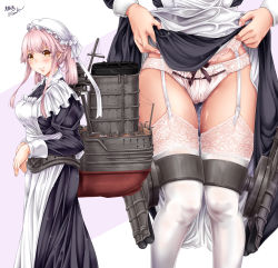 Rule 34 | 1girl, alternate costume, alternate hairstyle, apron, apron lift, black dress, bow, bow panties, clothes lift, dress, dress lift, earrings, enmaided, garter belt, hat, heart, heart earrings, highres, jewelry, kantai collection, lace, lace-trimmed legwear, lace trim, lifted by self, long sleeves, maid, maid apron, mob cap, panties, panties over garter belt, pink hair, puffy long sleeves, puffy sleeves, rigging, smokestack, thigh strap, thighhighs, torpedo tubes, tsukineko, underwear, white apron, white panties, white thighhighs, yellow eyes, yura (kancolle)