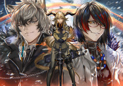 Rule 34 | 1girl, 2boys, animal ears, arknights, bead necklace, beads, black gloves, black hair, black jacket, black necktie, black pants, brown hair, brown jacket, coat, degenbrecher (arknights), feet out of frame, fur trim, glasses, gloves, gnosis (arknights), grey eyes, grey hair, grin, hair between eyes, highres, horns, jacket, jewelry, leopard ears, long hair, long sleeves, looking at viewer, multicolored hair, multiple boys, necklace, necktie, pants, parted lips, planted, planted sword, planted weapon, ran&#039;ou (tamago no kimi), red hair, silverash (arknights), smile, standing, streaked hair, sword, tail, upper body, very long hair, weapon, white coat, yellow eyes