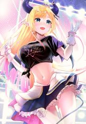Rule 34 | 5to rai, black skirt, blonde hair, blush, breasts, collarbone, cowboy shot, crop top, demon girl, demon horns, demon tail, from below, gloves, green eyes, highres, hololive, horns, large breasts, midriff, navel, pink hair, pointy ears, shirt, short sleeves, skirt, stage, stage lights, tail, tiara, tied shirt, virtual youtuber, white gloves, yuzuki choco