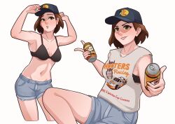 Rule 34 | 1girl, arhentol, armpits, baseball cap, bass pro shops, black bra, blue shorts, bra, breasts, brown eyes, brown hair, can, collarbone, denim, denim shorts, grey shirt, hair behind ear, hat, highres, holding, holding can, hooters, invisible, leaning to the side, medium breasts, mole, mole on breast, multiple views, navel, original, parted lips, raelyn cunningham (arhentol), shirt, short hair, shorts, sitting, sleeveless, sleeveless shirt, smile, underwear, v-shaped eyebrows
