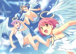 Rule 34 | 3girls, :d, absurdres, angel, angel wings, barefoot, blonde hair, blue eyes, breasts, brown eyes, cloud, day, dress, feathers, feet, flying, hair ornament, hairclip, halo, halterneck, highres, huge filesize, kuuchuu yousai, light rays, medium breasts, multiple girls, open mouth, original, panties, pink hair, purple eyes, purple hair, salute, scan, short hair, short twintails, sky, small breasts, smile, soles, striped clothes, striped panties, sunbeam, sunlight, twintails, underwear, unmoving pattern, wings
