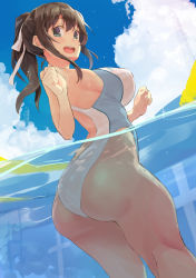 Rule 34 | 1girl, amamiya natsumi, ass, bare shoulders, blue eyes, blue sky, blush, breasts, brown hair, competition swimsuit, cowboy shot, day, hair between eyes, hair ribbon, highleg, highleg swimsuit, highres, kekemotsu, large breasts, long hair, looking at viewer, looking back, one-piece swimsuit, original, outdoors, partially underwater shot, ponytail, ribbon, sidelocks, sky, smile, solo, swimsuit, thighs, underwater, wading, water, white one-piece swimsuit, white ribbon