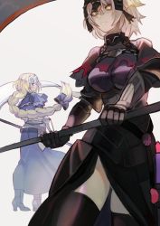 Rule 34 | 2girls, armor, armored dress, bad id, bad pixiv id, belt, black dress, black legwear, blonde hair, blue eyes, boots, braid, breasts, cape, capelet, chain, closed mouth, dark persona, dress, dual persona, fate/apocrypha, fate/grand order, fate (series), flag, gauntlets, greaves, grey background, hair ribbon, high heels, holding, jeanne d&#039;arc (fate), jeanne d&#039;arc (ruler) (fate), jeanne d&#039;arc alter (avenger) (fate), jeanne d&#039;arc alter (fate), kibadori rue, large breasts, long hair, looking at another, looking back, multiple girls, ribbon, short hair, simple background, single braid, slit pupils, standing, thighhighs, tiara, torn cape, torn clothes, tress ribbon, very long hair, yellow eyes
