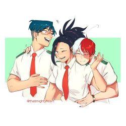 Rule 34 | 1girl, 2boys, black hair, blue hair, boku no hero academia, burn scar, collared shirt, commentary, english commentary, glasses, grey eyes, hair between eyes, hand on another&#039;s shoulder, hand on another&#039;s waist, highres, iida tenya, long hair, looking at another, multicolored hair, multiple boys, necktie, one eye closed, open mouth, orange eyes, ponytail, red hair, red necktie, scar, scar on face, school uniform, shirt, short hair, short sleeves, simple background, smile, split-color hair, thatmightyheart, todoroki shouto, two-tone hair, u.a. school uniform, upper body, white background, white hair, white shirt, yaoyorozu momo
