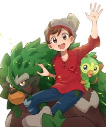 Rule 34 | 1boy, :d, arm up, beanie, brown eyes, brown hair, cable knit, commentary request, creatures (company), denim, futako (gemini ds), game freak, gen 8 pokemon, grey headwear, grookey, hat, highres, jeans, male focus, nintendo, open mouth, pants, pokemon, pokemon (creature), pokemon swsh, red shirt, rillaboom, shirt, sleeves rolled up, smile, swept bangs, teeth, torn clothes, torn jeans, torn pants, upper teeth only, victor (pokemon), white background