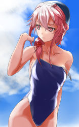 Rule 34 | 10s, 1girl, absurdres, alternate hairstyle, breasts, casual one-piece swimsuit, chikkinage nage, guilty crown, hair ornament, hairclip, highres, off shoulder, one-piece swimsuit, pink hair, red eyes, solo, strap slip, swim cap, swimsuit, yuzuriha inori