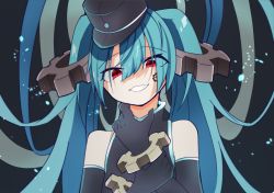 Rule 34 | 1girl, aqua hair, bare shoulders, black background, black gloves, black headwear, black shirt, bracelet, elbow gloves, evil grin, evil smile, facial tattoo, gear print, gears, gloves, grin, hair ornament, hands up, hatsune miku, highres, holding own wrist, jewelry, long hair, red eyes, sadistic music factory (vocaloid), shirt, slit pupils, smile, solo, takahashi (brokenrobo), tattoo, twintails, upper body, very long hair, vocaloid