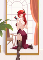 Rule 34 | 1girl, absurdres, alternate costume, arknights, back, backless dress, backless outfit, bare arms, bare back, bare shoulders, breasts, camera, closed mouth, curtains, dress, female pov, from behind, full body, garter straps, highres, holding, holding camera, horns, indoors, kneeling, large breasts, long hair, looking at viewer, looking back, mirror, no shoes, pelvic curtain, plant, potted plant, pov, purple dress, purple eyes, red hair, reflection, selfie, slu w, smile, strapless, strapless dress, surtr (arknights), window, wooden floor
