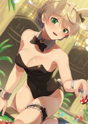 Rule 34 | 1girl, :d, ahoge, animal ear hairband, animal ears, bare arms, bare legs, bare shoulders, black bow, black bowtie, black footwear, black hairband, black leotard, blurry, blurry background, blush, bow, bow hairband, bowtie, braid, breasts, bridal garter, casino, casino card table, cleavage, collarbone, commentary request, covered navel, depth of field, detached collar, dutch angle, fake animal ears, fake tail, feet out of frame, fingernails, green eyes, groin, hair between eyes, hair bow, hairband, hand on table, hand up, high heels, highleg, highleg leotard, highres, holding, idolmaster, idolmaster million live!, idolmaster million live! theater days, indoors, kamille (vcx68), leaning forward, leg up, lens flare, leotard, light brown hair, looking at viewer, medium breasts, nail polish, on table, open mouth, pink nails, playboy bunny, poker chip, rabbit ear hairband, rabbit ears, rabbit tail, sakuramori kaori, shadow, shoes, short hair, smile, solo, sparkle, standing, standing on one leg, strapless, strapless leotard, table, tail, wrist cuffs