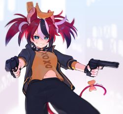 Rule 34 | 1girl, animal ears, black coat, black hair, black jacket, black pants, blue eyes, bow, coat, collar, dual wielding, grin, gun, hakos baelz, handgun, highres, holding, holding gun, holding weapon, hololive, hololive english, jacket, mouse ears, mouse girl, mouse tail, mousetrap, multicolored hair, navel, object on head, open clothes, open jacket, orange shirt, pants, pistol, popped collar, red hair, sharp teeth, shirt, smile, spiked collar, spikes, streaked hair, tail, tail bow, tail ornament, teeth, twintails, twitter username, v-shaped eyebrows, virtual youtuber, weapon, white hair, yoako