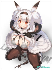 Rule 34 | 1girl, alvis (last origin), animal ears, artist name, bad id, bad pixiv id, black pantyhose, blush, bra, breasts, bukkake, camouflage, camouflage bra, candy, chocolate, chocolate bar, cleavage, cleft of venus, copyright name, cum, food, full body, fur jacket, gloves, hairband, highres, jacket, last origin, looking at viewer, oppai loli, panties, panties under pantyhose, pantyhose, red eyes, rikume, sexually suggestive, solo, squatting, tears, torn clothes, torn pantyhose, twintails, underwear, wavy mouth, white hair