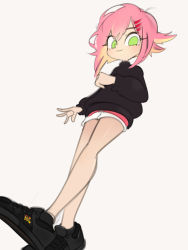 Rule 34 | ayane hylo, black footwear, black jacket, blonde hair, clenched hand, colored inner hair, green eyes, highres, indie virtual youtuber, jacket, looking down, multicolored hair, onionsketch, open hand, pink hair, shoes, short hair, shorts, smile, sneakers, streaked hair, virtual youtuber, white background, white shorts