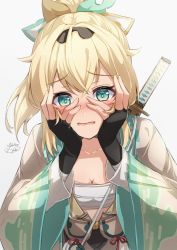 Rule 34 | 1girl, absurdres, aqua eyes, black gloves, blonde hair, blush, breasts, cleavage, commentary, embarrassed, fingerless gloves, furrowed brow, gloves, grey background, hair between eyes, hair ornament, hairband, hands on own face, haori, highres, hololive, japanese clothes, katana, kazama iroha, kimono, leaf hair ornament, looking down, medium breasts, medium hair, open mouth, ponytail, sarashi, signature, simple background, solo, sword, upper body, virtual youtuber, wavy mouth, weapon, weapon on back, yukikawa sara