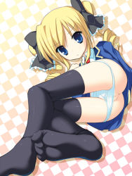 Rule 34 | 10s, 1girl, akechi kokoro, ass, black thighhighs, blonde hair, blue eyes, cleft of venus, drill hair, feet, highres, lying, necktie, no shoes, ochinsama, on side, panties, panty pull, pussy, soles, solo, tantei opera milky holmes, thighhighs, toes, twintails, uncensored, underwear, white panties