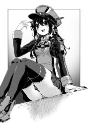 Rule 34 | alternate costume, alternate hairstyle, anchor hair ornament, boots, breasts, cosplay, cross, gloves, gouta (nagishiro6624), greyscale, hair flaps, hair ornament, hat, highres, iron cross, jacket, kantai collection, long hair, long sleeves, microskirt, military, military uniform, monochrome, panties, pantyshot, peaked cap, pleated skirt, prinz eugen (kancolle), prinz eugen (kancolle) (cosplay), shigure (kancolle), shigure kai ni (kancolle), sitting, skirt, small breasts, thighhighs, twintails, underwear, uniform