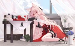 Rule 34 | 1girl, absurdres, animal ear fluff, animal ears, arknights, bare shoulders, barefoot, black bra, blue sky, book, book stack, bra, breasts, cleavage, cloud, cloudy sky, commentary request, cup, drinking glass, flower, flower pot, head rest, high-waist skirt, highres, indoors, korean commentary, large breasts, long hair, looking at viewer, pink eyes, pink hair, pozyomka (arknights), purple flower, red skirt, rhodes island logo (arknights), shawl, sitting, skirt, sky, solo, table, thigh strap, thighs, typewriter, underwear, wariza, white flower, white shawl, wolf ears, wolf girl, yeosi