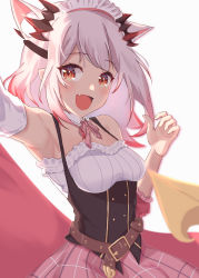 Rule 34 | :d, absurdres, animal ears, arm up, armpits, bare shoulders, belt, blush, breasts, brown belt, brown eyes, collar, detached sleeves, fang, frills, gradient hair, headgear, highres, maid headdress, medium breasts, medium hair, multicolored hair, nanashi inc., off-shoulder shirt, off shoulder, open mouth, out of frame, plaid, plaid skirt, red hair, red skirt, shioren, shirt, simple background, skirt, smile, suou patra, swept bangs, upper body, virtual youtuber, white background