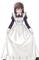 Rule 34 | 1girl, apron, black dress, blush, brown hair, closed eyes, closed mouth, collared dress, commentary request, dress, facing viewer, frilled apron, frills, juliet sleeves, long hair, long sleeves, maid, maid apron, maid headdress, neck ribbon, original, puffy sleeves, red ribbon, ribbon, rimo, simple background, skirt hold, sleeves past wrists, smile, solo, white apron, white background
