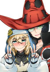 Rule 34 | 1boy, 1girl, age difference, androgyne symbol, aqua eyes, black choker, black gloves, black hair, blonde hair, blush, bridget (guilty gear), choker, covered penetration, double v, fingerless gloves, gloves, green eyes, guilty gear, guilty gear strive, habit, hat, heterochromia, hood, hood up, hooded jacket, hoodie, i-no, implied sex, jacket, long hair, long sleeves, looking at viewer, medium hair, mole, mole above mouth, nose blush, onee-shota, open clothes, open hoodie, puffy long sleeves, puffy sleeves, red headwear, red leather, red lips, short hair, smile, sunglasses, takuteks, tinted eyewear, trap, v, venus symbol, witch hat, yellow eyes