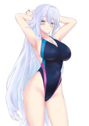 Rule 34 | 1girl, armpits, arms behind head, azur lane, black one-piece swimsuit, blue eyes, breasts, cleavage, commission, competition swimsuit, covered navel, cowboy shot, highleg, highleg swimsuit, highres, large breasts, long hair, multicolored clothes, multicolored swimsuit, namako32, one-piece swimsuit, pixiv commission, presenting armpit, solo, sovetsky soyuz (azur lane), swimsuit, very long hair, white hair