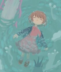 Rule 34 | 1girl, afloat, blue jacket, brown hair, closed eyes, closed mouth, collared dress, commentary request, dress, expressionless, facing viewer, from above, full body, grey socks, highres, jacket, long sleeves, nire (yuque), niwasakino daei, off shoulder, open clothes, open jacket, pink dress, ripples, shoes, short hair, socks, solo, water, yuque