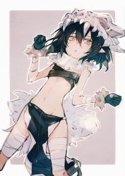 Rule 34 | 1girl, bandages, bandaged arm, bandaged leg, bandages, black hair, commentary, disgaea, flat chest, from below, fur trim, kashii (amoranorem), looking at viewer, looking down, makai senki disgaea 3, midriff, navel, outstretched arms, pelvic curtain, pointy ears, shaman (disgaea), short hair, simple background, skull, solo, spread arms, two-tone background, w arms, yellow eyes