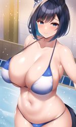 Rule 34 | 1girl, absurdres, animal ears, bikini, black hair, blue bikini, blue eyes, blue hair, blush, breasts, cleavage, closed mouth, collarbone, colored inner hair, commentary request, curvy, eishin flash (umamusume), highres, horse ears, horse girl, horse tail, large breasts, looking at viewer, mitomumitomu, multicolored hair, navel, short hair, skindentation, smile, solo, standing, stomach, swimsuit, tail, two-tone hair, umamusume, white bikini