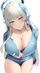 Rule 34 | 1girl, absurdres, blue archive, blue jacket, blush, breasts, cleavage, closed mouth, commentary request, cowboy shot, grey hair, halo, highres, jacket, large breasts, long hair, long sleeves, looking at viewer, namazu (yamasonson), noa (blue archive), purple eyes, simple background, smile, solo, thighs, white background