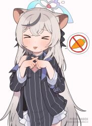 Rule 34 | &gt; &lt;, 1girl, animal ear fluff, animal ears, black dress, black hair, blue archive, blue halo, blush, breasts, carrot, dress, facing viewer, grey hair, halo, hands up, highres, kokona (blue archive), long hair, long sleeves, multicolored hair, opossumachine, pelvic curtain, simple background, small breasts, solo, spoken x, streaked hair, striped clothes, striped dress, tiger ears, tongue, tongue out, vertical-striped clothes, vertical-striped dress, very long hair, white background, x fingers