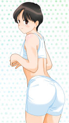 Rule 34 | 1girl, ass, black hair, blush, breasts, brown eyes, dedenden (pixiv30568724), freckles, from behind, highres, looking at viewer, looking back, midriff, polka dot, polka dot background, shirt, short hair, shorts, small breasts, smile, standing, tank top, white background, white shirt, white shorts