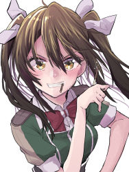 Rule 34 | 1girl, blush, bow, bowtie, breasts, brown hair, clenched teeth, food, hair between eyes, hair ribbon, highres, holding, holding food, kantai collection, long hair, looking at viewer, medium breasts, mouth hold, pocky, red bow, red bowtie, ribbon, simple background, solo, teeth, tone (kancolle), tone kai ni (kancolle), twintails, upper body, white background, yami (m31), yellow eyes