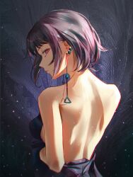 Rule 34 | 1girl, absurdres, back, backless dress, backless outfit, chainsaw man, dress, ear piercing, earrings, fami (chainsaw man), highres, jewelry, kozzz y, looking at viewer, looking back, piercing, purple hair, red eyes, ringed eyes, short hair, solo, tassel, tassel earrings