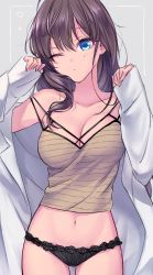 Rule 34 | 1girl, bare shoulders, black panties, blush, breasts, camisole, cleavage, coat, collarbone, cowboy shot, crop top, ear piercing, grey background, hands up, highres, ichinose shiki, idolmaster, idolmaster cinderella girls, lace, lace-trimmed panties, lace trim, looking at viewer, medium breasts, midriff, navel, off shoulder, one eye closed, panties, piercing, shiyu (hagiwara shiyu), simple background, sleepy, sleeves past wrists, solo, stomach, strap slip, striped camisole, thighs, underwear, white coat