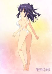 Rule 34 | 1girl, absurdres, ass, bare back, bare legs, barefoot, beatmania, beatmania iidx, breasts, casual one-piece swimsuit, contrapposto, from behind, full body, halterneck, highres, kinoshita ichi, kneepits, large breasts, long hair, looking back, non-web source, one-piece swimsuit, purple eyes, purple hair, smile, solo, standing, strap gap, swimsuit, two side up, umegiri hifumi, white one-piece swimsuit