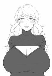 Rule 34 | 1girl, blush, breasts, cleavage, cleavage cutout, clothing cutout, huge breasts, lips, long hair, mature female, mole, mole on breast, mole under mouth, original, smile, twrlare