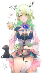 Rule 34 | 1girl, absurdres, animal, animal on lap, antlers, apple, aqua nails, asymmetrical hair, blue dress, blue gloves, blue hair, blue ribbon, blue skirt, braid, braided bangs, branch, breasts, bridal gauntlets, cat, cat on lap, ceres fauna, cleavage, clover (ceres fauna), commentary, dress, eyelashes, feet out of frame, fingerless gloves, floral print, flower, food, frilled skirt, frills, fruit, gloves, golden apple, green flower, green hair, grey thighhighs, hair between eyes, hair flower, hair ornament, hand on own chest, highres, hololive, hololive english, horns, light blue hair, looking at viewer, medium breasts, medium hair, mole, mole under eye, multicolored hair, nail polish, neck ribbon, on lap, parted lips, ribbon, side ponytail, signature, simple background, single braid, single thighhigh, skirt, smile, snail (ceres fauna), solo, streaked hair, thighhighs, thighs, tokorinowa, two-tone hair, virtual youtuber, white background, wide sleeves, yellow eyes