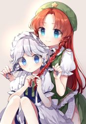 Rule 34 | 2girls, apron, beret, black neckwear, blouse, blue eyes, blush, braid, commentary request, frills, green headwear, green neckwear, green skirt, green vest, hat, hong meiling, izayoi sakuya, knees up, long hair, maid headdress, multiple girls, nail polish, neck ribbon, playing with another&#039;s hair, red hair, red nails, ribbon, risui (suzu rks), shirt, short sleeves, side slit, signature, silver hair, sitting, skirt, smile, star (symbol), touhou, twin braids, upper body, vest, white shirt