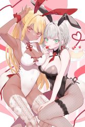 Rule 34 | 2girls, :d, alternate costume, animal ears, arm up, armpits, bare shoulders, between breasts, black collar, black leotard, blonde hair, braid, breasts, cake, collar, commentary request, dark-skinned female, dark skin, fake animal ears, fake tail, feet out of frame, fishnet legwear, fishnets, food, fruit, green eyes, highres, hinamori (18ar0), holding, holding food, holding fruit, lace, lace legwear, large breasts, leotard, long hair, looking at viewer, medium breasts, medium hair, multiple girls, necktie, necktie between breasts, open mouth, original, pantyhose, plate, playboy bunny, pointy ears, rabbit ears, rabbit tail, red eyes, red neckwear, silver hair, smile, strapless, strapless leotard, strawberry, tail, thigh strap, thighhighs, virtual youtuber, white collar, white legwear, white leotard, wrist cuffs