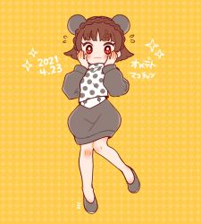 Rule 34 | 1girl, animal costume, animal ears, artist name, artist request, bare legs, black footwear, blush, braid, brown hair, costume, crown braid, female focus, full body, hand on own cheek, hand on own face, hands on own face, highres, long sleeves, looking at viewer, niijima makoto, panda costume, persona, persona 5, persona 5 the royal, puffy long sleeves, puffy shorts, puffy sleeves, red eyes, shoes, short hair, shorts, solo, sparkle, sparkle background, sparkle print, standing