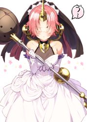 Rule 34 | 1girl, :i, blue eyes, breasts, bridal veil, cleavage, elbow gloves, fate/apocrypha, fate (series), frankenstein&#039;s monster (fate), gloves, hair over eyes, heterochromia, highres, holding, holding weapon, horns, looking at viewer, pink hair, pout, sakuragi ren, see-through, see-through cleavage, short hair, single horn, solo, veil, weapon, white gloves, yellow eyes