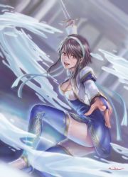 Rule 34 | 1girl, absurdres, ass, blue thighhighs, breasts, brown eyes, brown hair, chai xianghua, chinese clothes, cleavage, dress, elbow gloves, gloves, headband, highres, holding, holding sword, holding weapon, looking at viewer, murasaki-sin, open mouth, short hair, smile, solo, soul calibur, soulcalibur, soulcalibur vi, sword, thighhighs, weapon