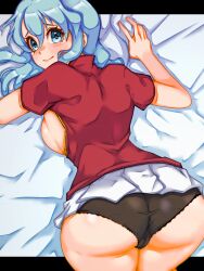 Rule 34 | 1girl, ass, ass focus, bed sheet, black panties, blue eyes, blue hair, blush, breasts, breasts out, cameltoe, cleft of venus, commentary request, eirika (fire emblem), fire emblem, fire emblem: the sacred stones, long hair, looking at viewer, looking back, lying, medium breasts, mimizunooka, miniskirt, nintendo, on bed, on stomach, panties, red shirt, shirt, short sleeves, sideboob, skirt, solo, sweat, underwear, white skirt