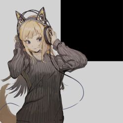 Rule 34 | 1girl, animal ear headphones, animal ears, blonde hair, blue eyes, breasts, cable, closed mouth, commentary, dog tail, english commentary, fake animal ears, grey background, grey choker, grey sweater, hands on headphones, hands up, headphones, highres, kmnz, long hair, long sleeves, mc lita, medium breasts, seimannu, smile, solo, sweater, tail, upper body, virtual youtuber