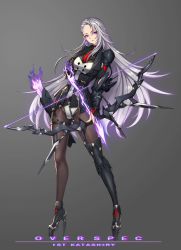 Rule 34 | 1girl, arrow (projectile), black footwear, black gloves, boots, bow (weapon), breasts, brown pantyhose, chromatic aberration, covered navel, earrings, english text, fingerless gloves, fingernails, fire, fire, girls&#039; frontline, glint, gloves, gradient background, grey hair, hair between eyes, high heels, highres, holding, holding arrow, holding bow (weapon), holding weapon, jewelry, knee boots, leotard, long hair, mad kimo, necktie, pantyhose, parted lips, partially fingerless gloves, pink lips, purple eyes, purple fire, quiver, red necktie, school uniform, science fiction, single earring, single knee boot, solo, uniform, very long hair, weapon, white leotard