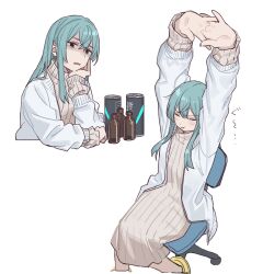 Rule 34 | 1girl, arms up, black eyes, blue hair, blush, bottle, can, closed eyes, dress, head rest, interlocked fingers, jacket, layered sleeves, long hair, long sleeves, multiple views, open clothes, open jacket, project:anemone, simple background, sitting, stretching, sweater, sweater dress, teshima nari, translation request, white background, white jacket